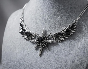 Schwarze gefallene Engel Halskette, Gothic Dark Angel Anhänger, Vintage geflügelter Charme Choker, Punk Ästhetischer Schmuck Geschenk