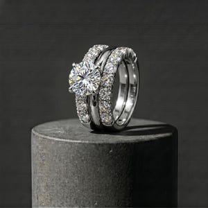 Round Solitaire Bridal Ring Set | Stackable Wedding Band CZ | Promise Engagement Ring Set for Women Gift