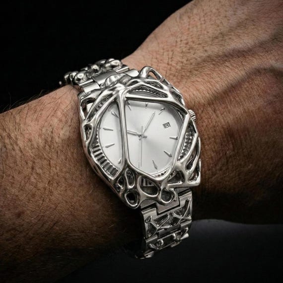 Y2K Gothic Metal Watch, Futuristic Spike Opium Style Timepiece
