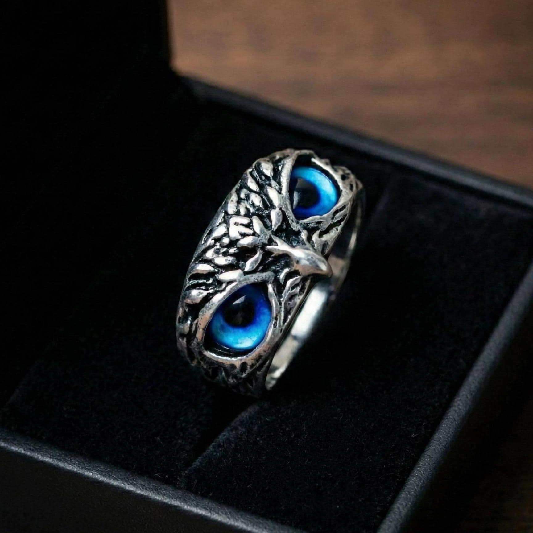 Gothic Owl Ring, Gemstone Eyes, Adjustable Statement Jewelry