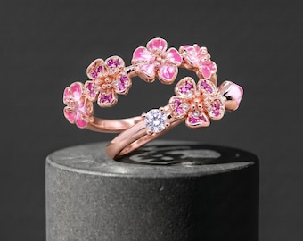Bague fleur de cerisier en or rose | Bague couronne de fleurs en émail rose pour femme | Cadeau d'anniversaire réglable CZ