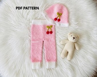 Ensemble cerises au crochet fait main pour bébé fille, taille 2 : pantalon et chapeau, accessoire photo pour tout-petit