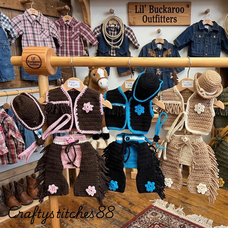 Peut inclure: Trois ensembles de tenues de cow-boy au crochet, comprenant chacun un gilet, des jambi&egrave;res et un chapeau. Les ensembles sont marron avec des accents roses, noirs avec des accents bleus et beige avec des accents blancs. Chaque gilet a une &eacute;toile.