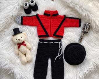 Costume thriller fait main pour bébé | Tenue de pop star pour bébé | Costume d'Halloween pour bébé | Déguisement veste rouge pour bébé | Déguisement inspiré de la musique pour bébé