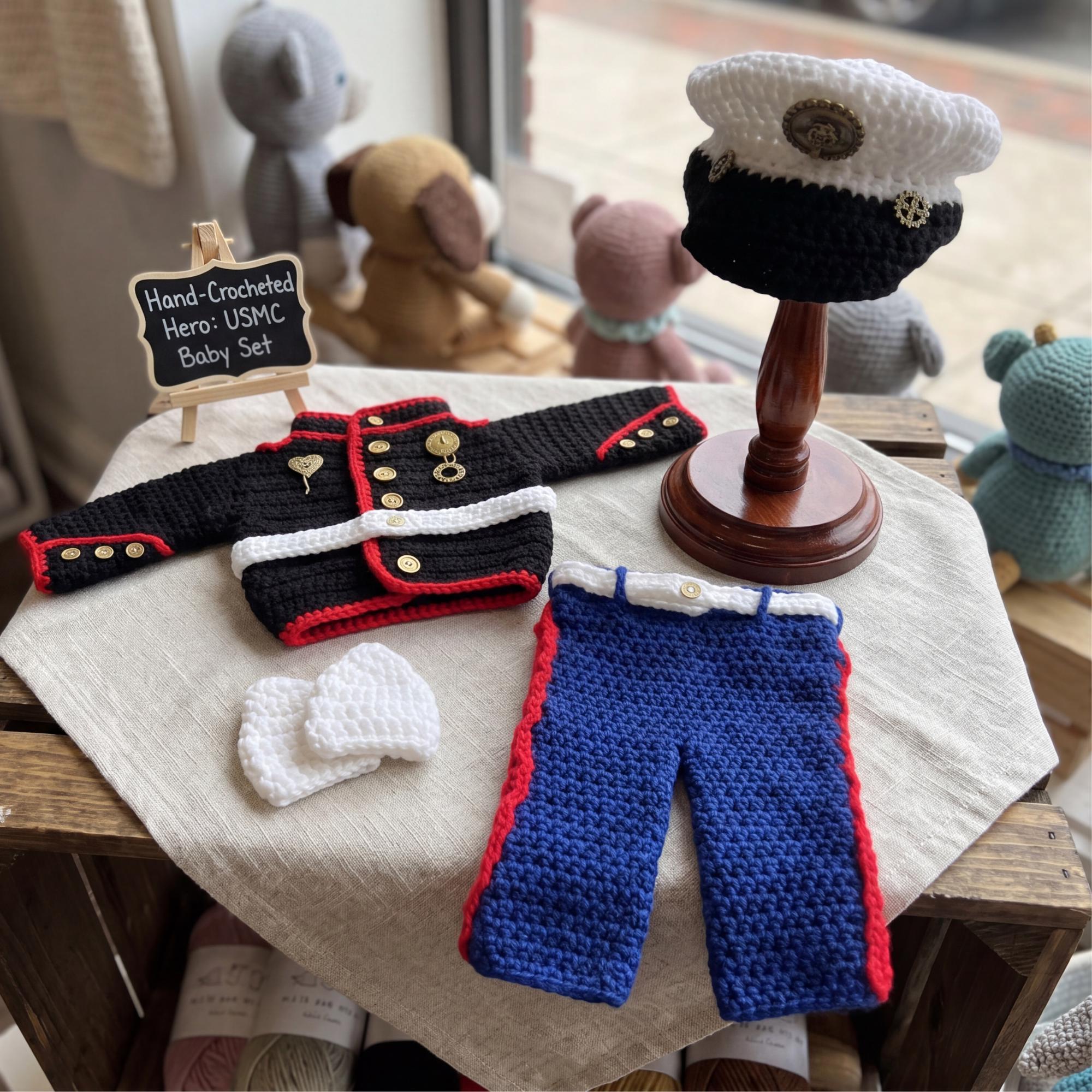Handmade Crochet Baby Marine Costume Military Baby Outfit Baby Marine Uniform Set Newborn Photo Prop Army Inspired Baby Costume