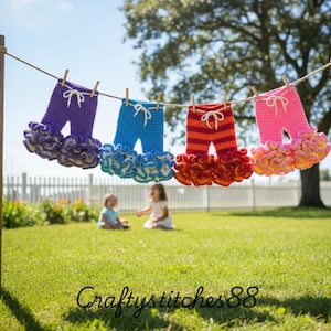 Puede incluir: Cuatro pares de coloridos pantalones de bebé de ganchillo cuelgan de un tendedero. Los pantalones son morados, azules, naranjas y rosas, cada uno con un ribete con volantes. El fondo incluye un césped verde, una valla blanca y dos niños jugando.