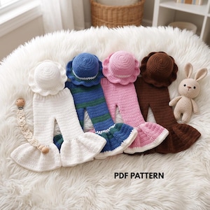May include: Four sets of crocheted bell-bottom trousers and matching sun hats in white, blue and green stripes, pink, and brown. A small crocheted beige rabbit toy and a pacifier clip are included. The text PDF PATTERN is visible at the bottom.