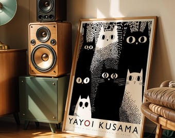 Yayoi Kusama Black Cat Art Print Retro Japanese Exhibition Poster Minimalist Pop Art Wall Art Black White Cat Lover Gift Modern Decor