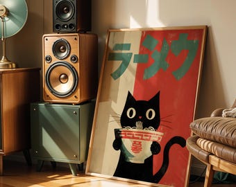 Impresión artística de gato ramen, arte retro japonés para pared de cocina, arte kawaii neko ramen, póster japonés, ilustración de gato negro, decoración japonesa para el hogar