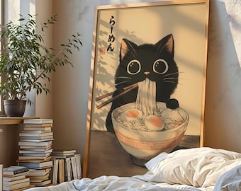 Black Cat Ramen Art Print Japanese Wall Art Cute Cat With Noodles Illustration Kawaii Kitchen Decor Anime Style Cat Poster Cat Lady Gift