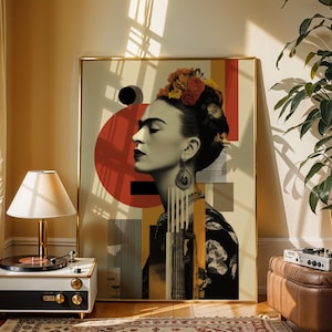 Frida Kahlo Art Print Iconic Artist Exhibition Poster Floral Red Wall Decor Retro Mexican Artwork Modern Gallery Decor Boho Geometric Art