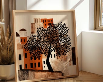 Mediterranean Village Art Print Olive Tree Wall Art Greek Poster Mediterranean Print Terracotta Art Coastal Europe Wall Decor Rustic Art