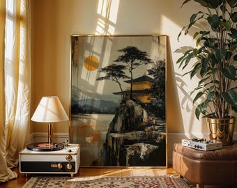 Mountain Temple Japanese Wall Art Print – Zen Landscape Painting, Asian ...