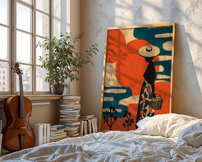 a bedroom with a bed, a potted plant, a large painting of a woman, and a stack of books.