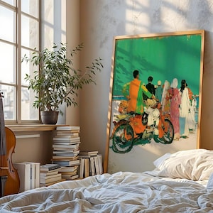 a bedroom with a bed, a potted plant, a violin, and a large framed painting of people on a motorcycle.