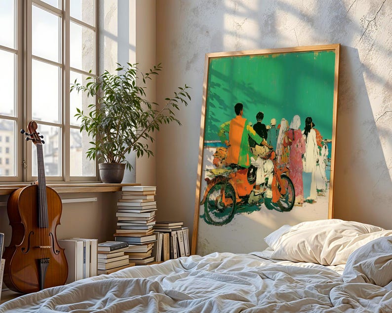 a bedroom with a bed, a potted plant, a violin, and a large framed painting of people on a motorcycle.