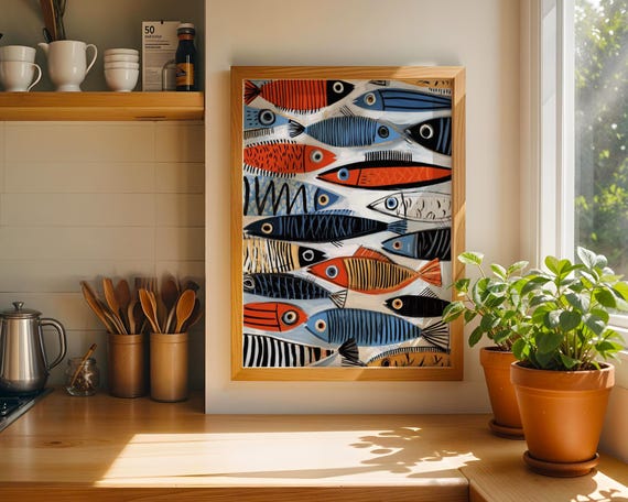 Abstract Sardine Art Print Fish Pattern Wall Art Modern Coastal Kitchen Decor Mediterranean Style Art Print Fish Art Bathroom Art