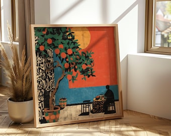 Mediterranean Terrace Art Print Orange Tree Painting Sunset Coastal Decor Sun Wall Art Terracotta Interior Modern Retro Travel Inspired Art