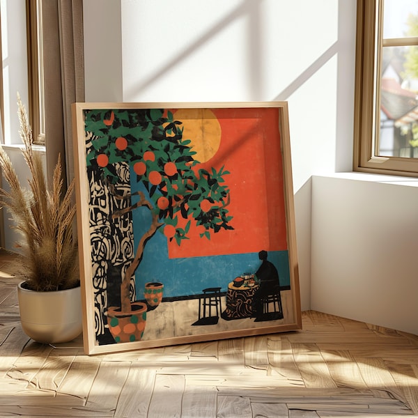 Mediterranean Terrace Art Print Orange Tree Painting Sunset Coastal Decor Sun Wall Art Terracotta Interior Modern Retro Travel Inspired Art