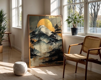 Muurdecoratie met afbeelding van de berg Fuji, Japans berglandschap, schilderij van zonsopgang, natuurkunst voor een Japanse zen-woonkamer, Japanse kunst.