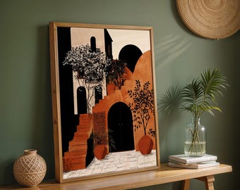 Mediterranean Architecture Art Print Italian Villa Wall Art Greek Courtyard Poster Terracotta Decor Modern Architectural Painting Boho Style