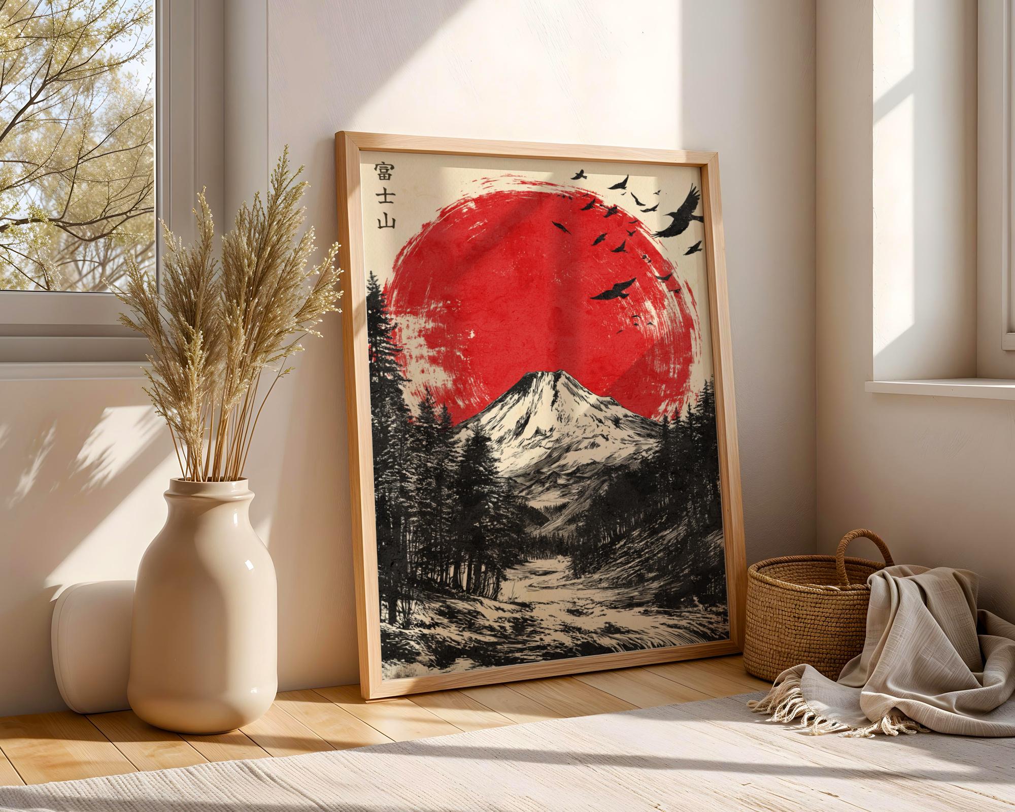 Mount Fuji Art Print Japanese Wall Art Red Sun Landscape Poster ...