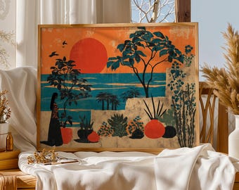 Meksykański folklorystyczny wydruk artystyczny o zachodzie słońca, boho, botaniczny, nadmorski, dom, dekoracja, obraz o zachodzie słońca, meksykańska podróż, inspirowana sztuką pomarańczową