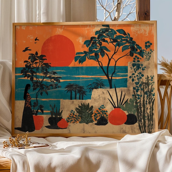 Mexican Folk Sunset Art Print Boho Botanical Artwork Coastal Beach House Decor Sunset Painting Mexico Travel Inspired Artwork Orange Art