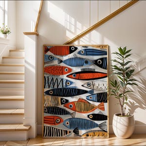 a large, colorful fish painting displayed on the wall, with a staircase and a potted plant in the background.