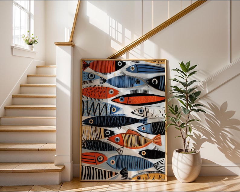 a large, colorful fish painting displayed on the wall, with a staircase and a potted plant in the background.
