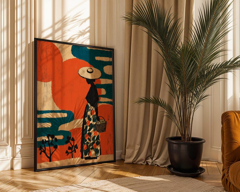 a large framed painting of a woman in a colorful dress and hat, standing in front of a window with a palm tree in a black pot. The painting is placed on a wooden floor, and there is a beige curtain in the background.