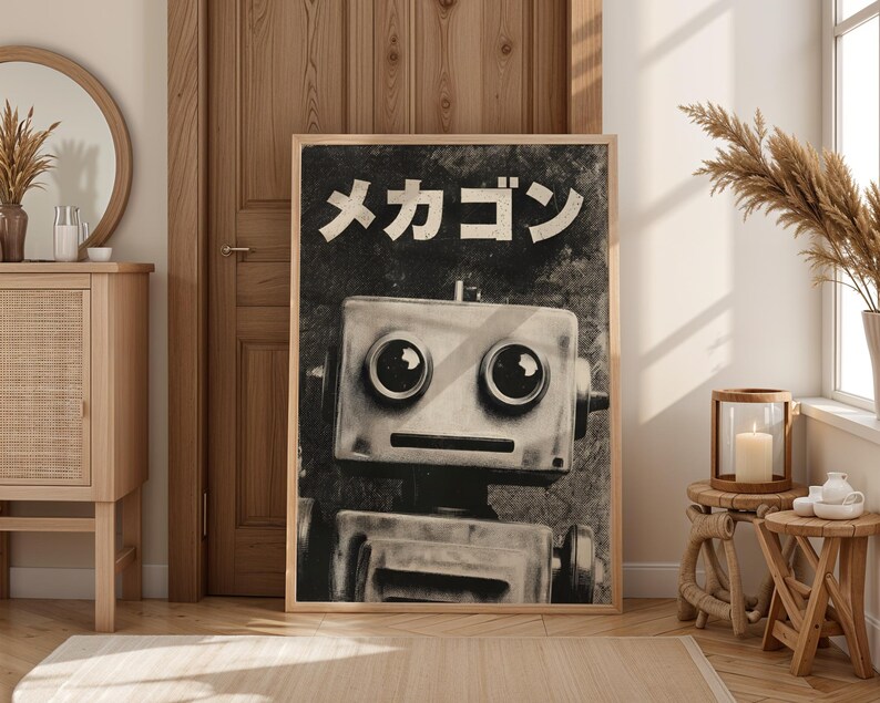 a large black and white photograph of a robot with a robot head, displayed prominently in a room with a wooden door and a mirror.