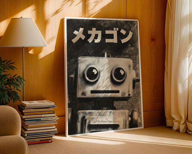 a large black and white poster of a robot with the text "おいしい" (which means "perfect" or "perfectly") written on it. The poster is displayed in a living room setting, with a lamp, a stack of books, and a window in the background.