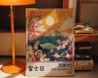 Kunstprint van de berg Fuji, Japanse muurdecoratie, rode zon landschap poster, oosters natuur kunstwerk, retro Japan bergontwerp, inkttekening, woondecoratie