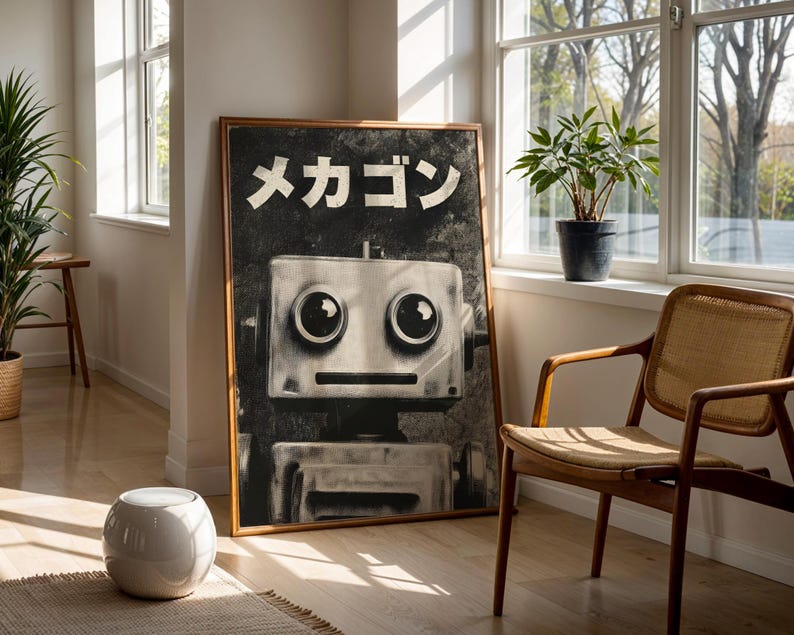 a large black and white poster of a robot with a robot head, placed in a room with a wooden chair and a potted plant.