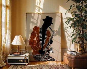 Jazz Musician Art Print Saxophone Player Wall Art Mid Century Music Poster Abstract Jazz IllustrationTerracotta Decor Retro Jazz Wall Art