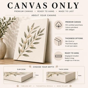The image is a promotional poster for canvas art, featuring a large canvas with a leaf design and text providing details about the canvas, such as its size, frame, and hanging options.