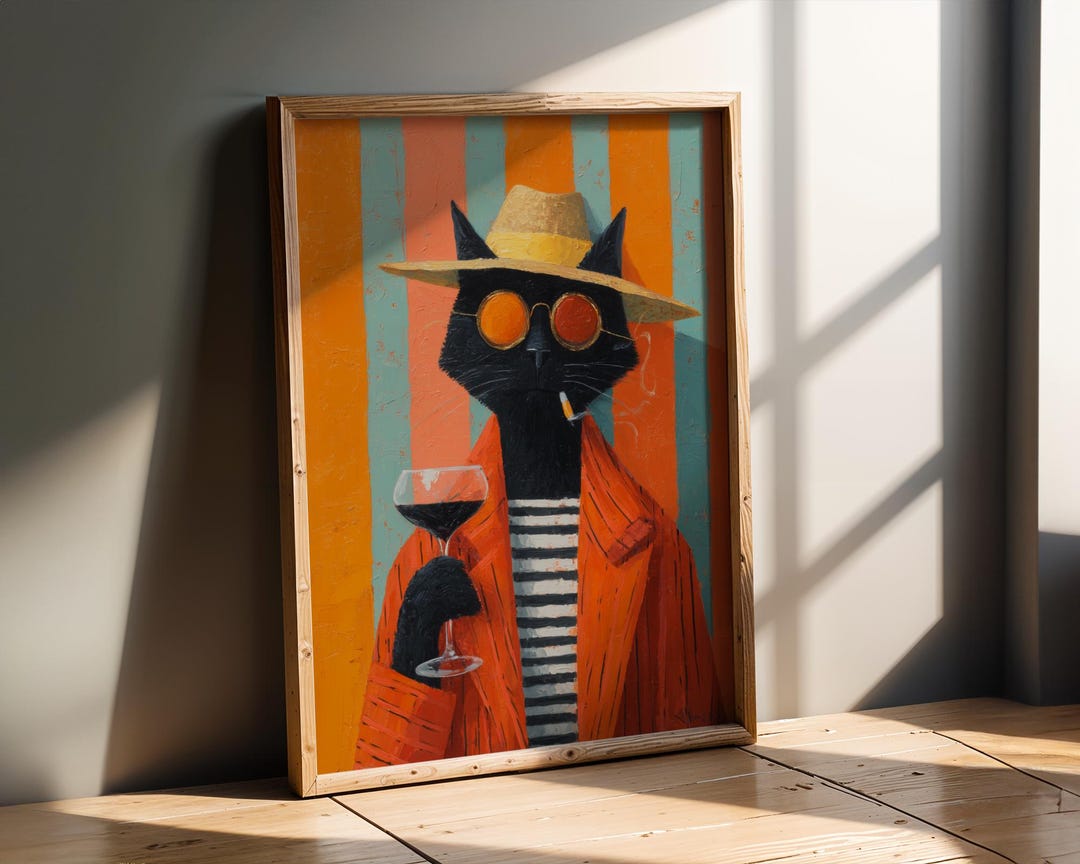 Black Cat Art Print Smoking Black Cat Drinking Wine Bar Wall Art Funny ...