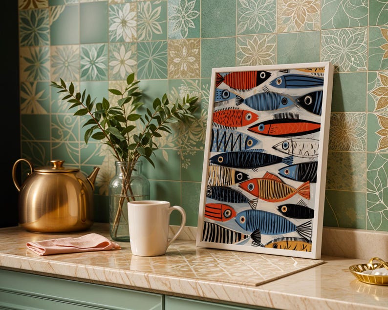 a kitchen counter with a framed fish-themed artwork, a teapot, a white mug, a vase with greenery, and a gold bowl.