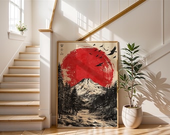 Kunstprint van de berg Fuji, Japanse muurdecoratie, rode zon landschap poster, oosters natuur kunstwerk, retro Japan bergontwerp, inkttekening, woondecoratie