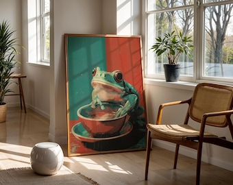 Frog Tea Art Print Cute Frog Wall Art Retro Frog Illustration Retro Animal Artwork Teal Red Poster Funny Frog Decor for Kitchen Frog Lover