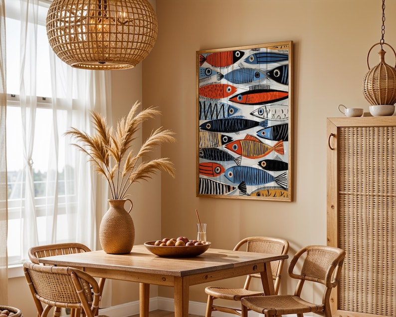 a cozy dining area with a wooden table, chairs, and a woven basket. A large fish-themed painting is hanging on the wall above the table, and a woven basket is placed on the table. The room has a warm, inviting atmosphere with natural light coming in through a window.