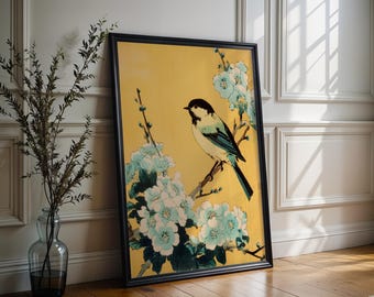 花と鳥のアートプリント、日本風の壁掛けアート、植物の自然イラスト、花と鳥のアートワーク、アジア風の黄色い壁飾り、穏やかな家
