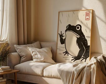 Kikker kunstprint, Japanse Sumi-inktschilderkunst, geïnspireerd op Matsumoto Hoji, Zen-wanddecoratie, traditionele penseeltechniek, poster, retro Japanse kunst.