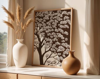 Japanse kersenbloesem kunst print Aziatische bloemen muur kunst Sakura illustratie bruin crème natuur decor traditionele Japanse boom schilderij