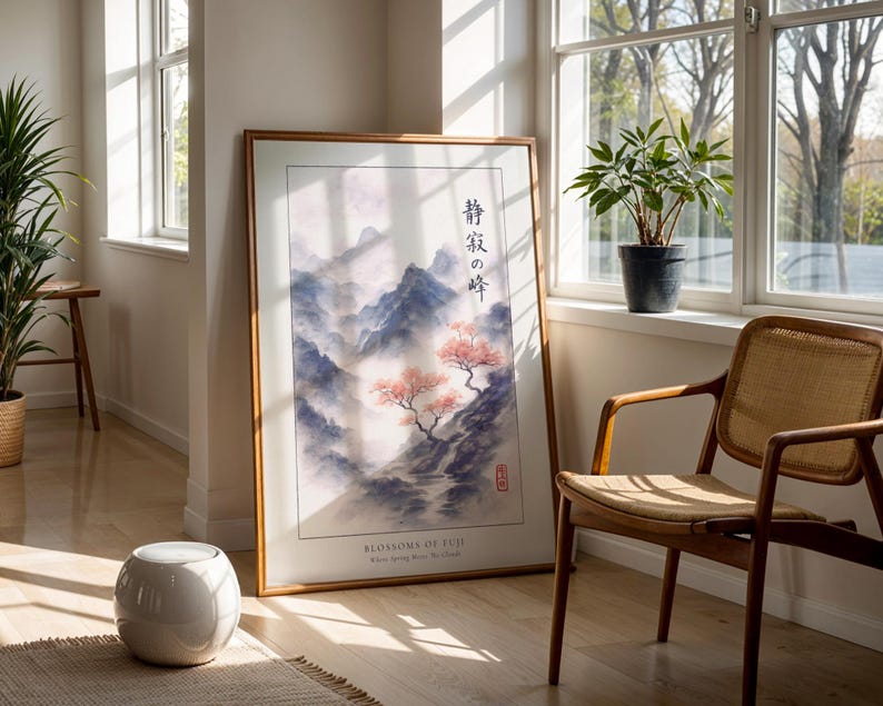 a large framed painting of a serene landscape with mountains and trees, placed on a wooden floor in a sunlit room. Next to the painting is a woven chair, and a potted plant is visible in the background.