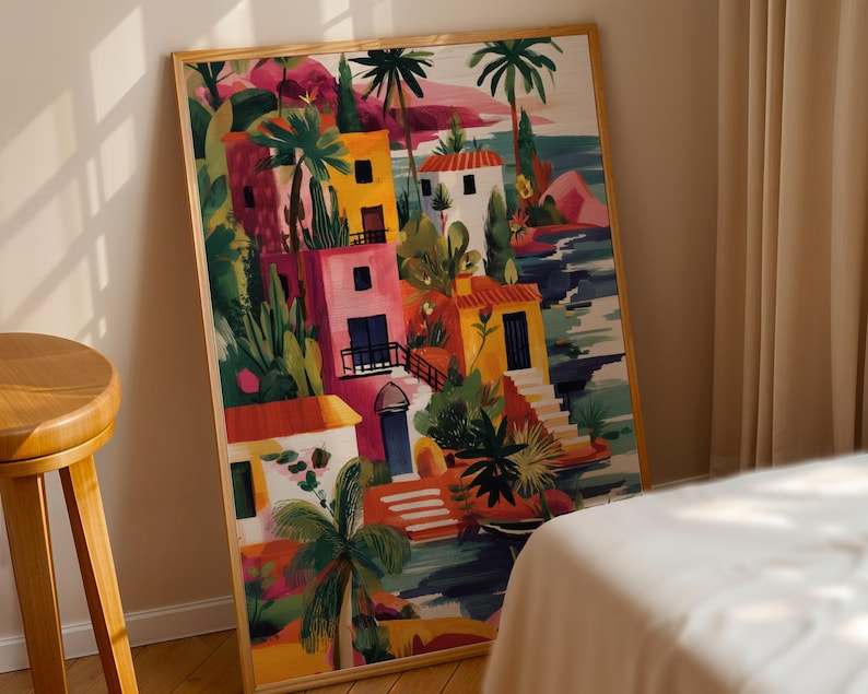 a large, colorful painting of a tropical village with palm trees, buildings, and a body of water.