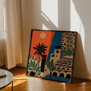 Stampa artistica di un villaggio mediterraneo, architettura costiera, arte con palme, decorazioni arancioni, pittura di paesaggi costieri, arte moderna retrò ispirata ai viaggi