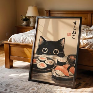 Black Cat Sushi Art Print Japanese Wall Art Cute Cat With Sushi Illustration Kawaii Kitchen Decor Anime Style Cat Poster Cat Lover Gift