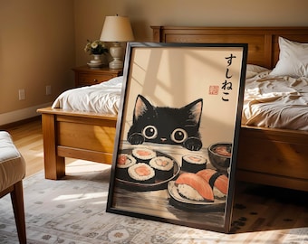 Black Cat Sushi Art Print Japanese Wall Art Cute Cat With Sushi Illustration Kawaii Kitchen Decor Anime Style Cat Poster Cat Lover Gift
